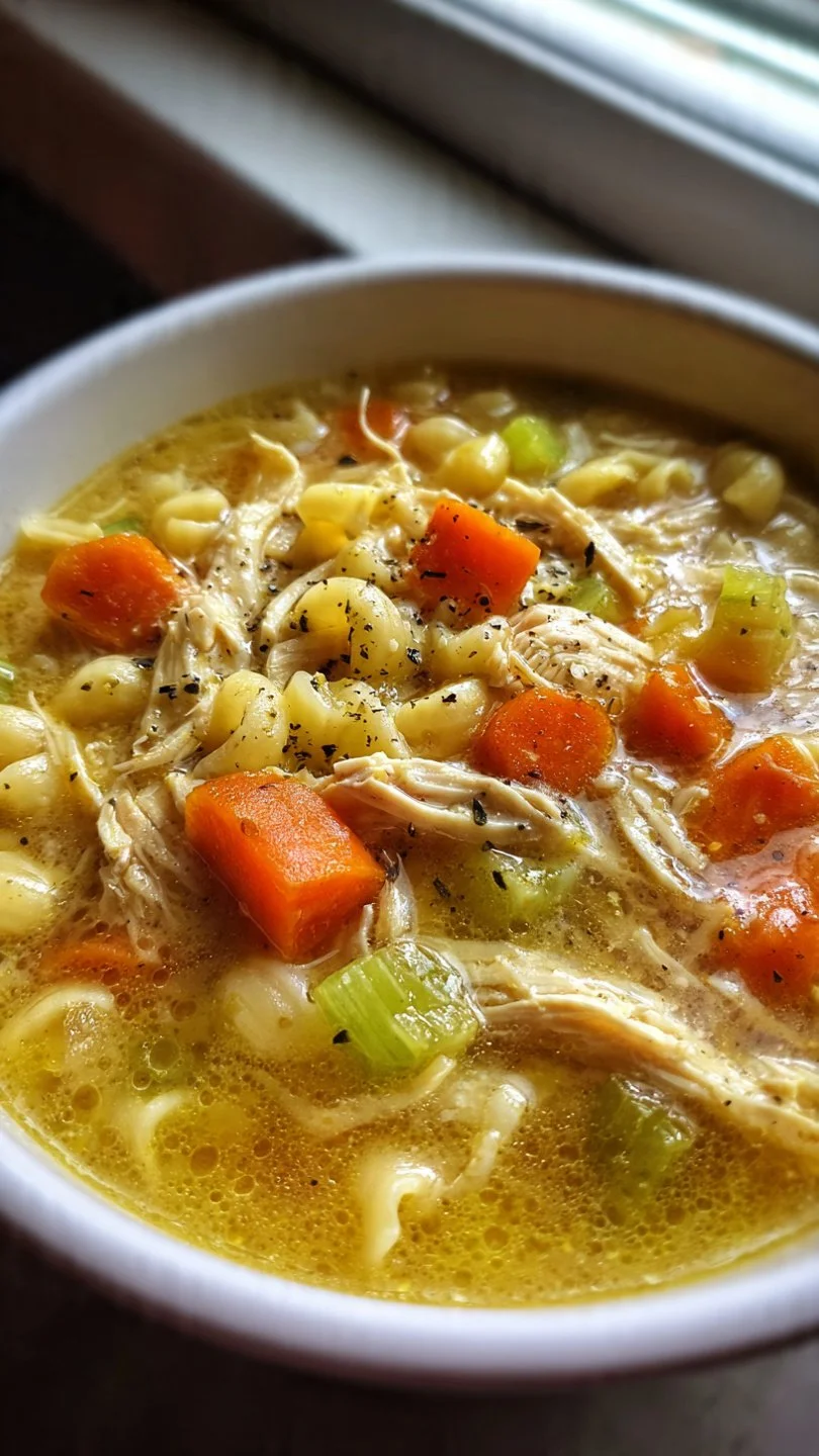 Bowl of homemade chicken soup with vegetables and herbs