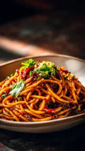 Delicious bowl of spicy Chili Garlic Noodles garnished with fresh herbs.