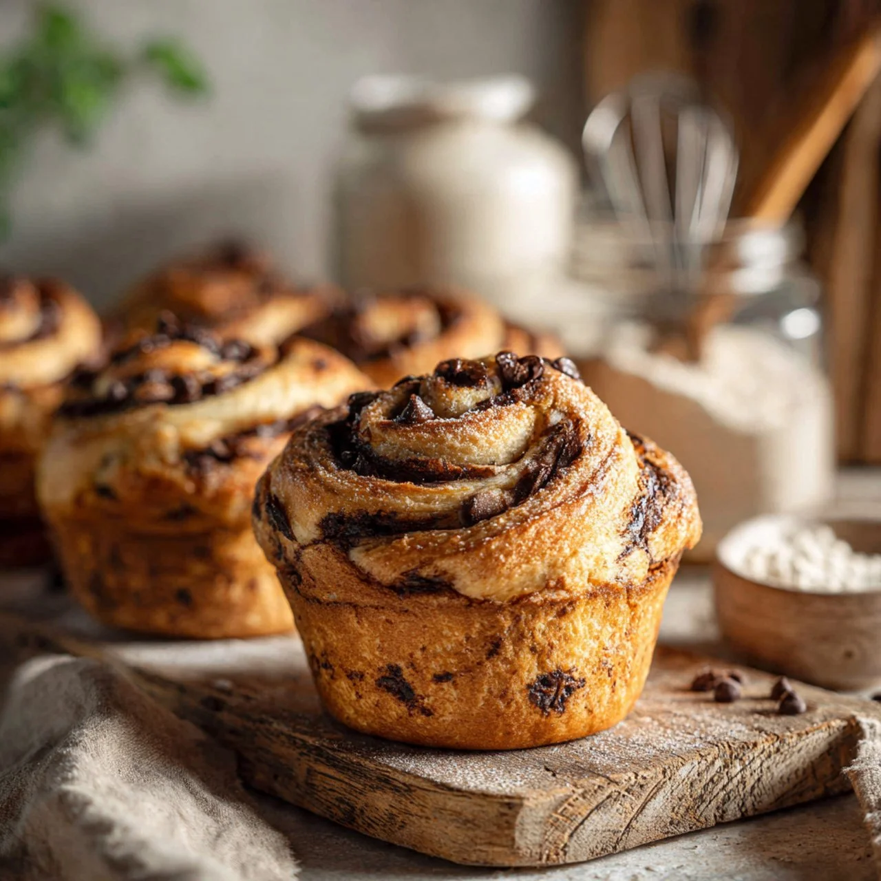 Delicious chocolate chip sourdough cruffins with a flaky texture.