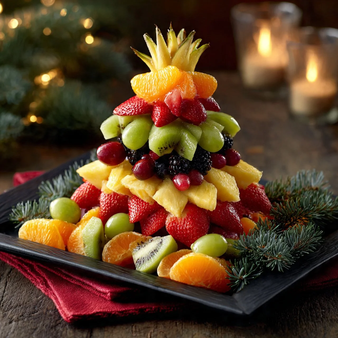 Festive Christmas fruit tray filled with fresh fruits for holiday gatherings