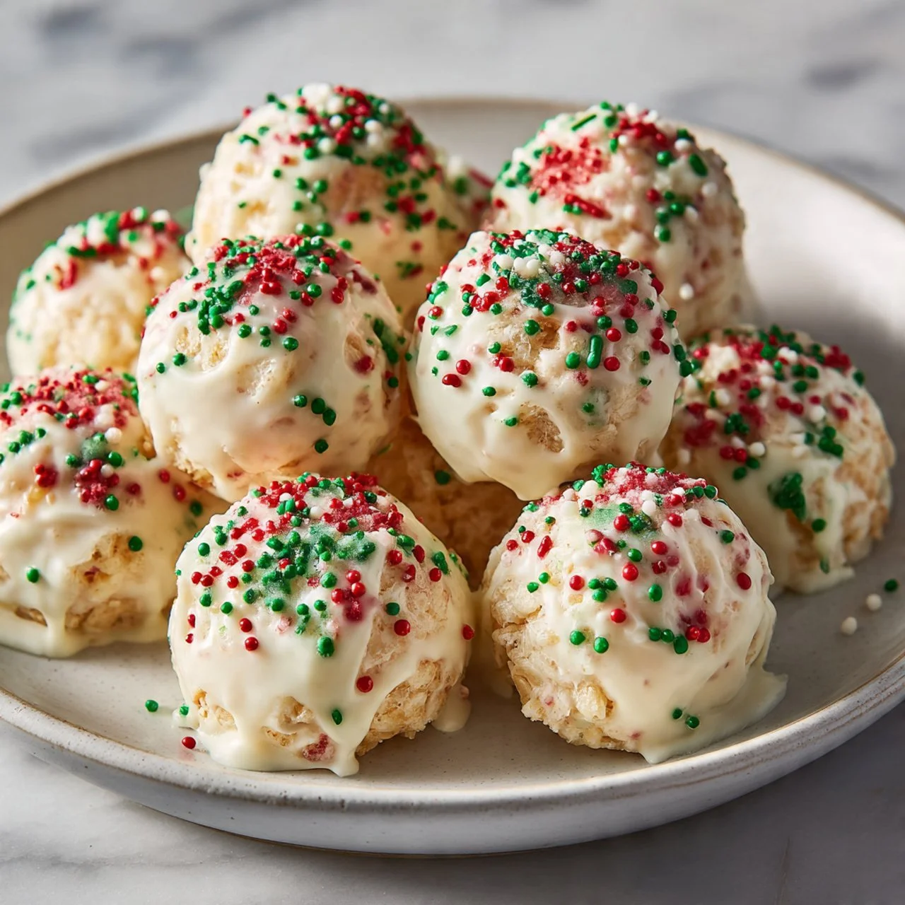 Festive Christmas Rice Crispy Treats decorated with holiday colors and sprinkles.