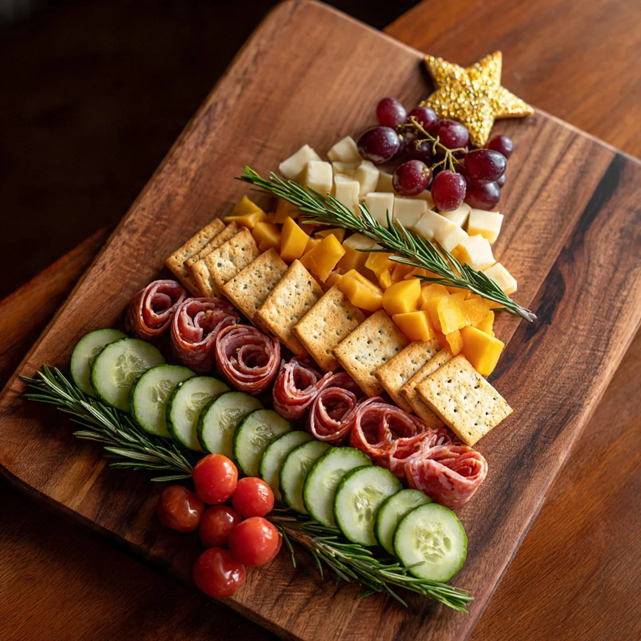 Beautiful Christmas Tree Charcuterie Board with seasonal snacks and treats