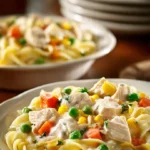 Classic chicken pot pie pasta dish with creamy sauce and vegetables