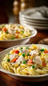 Classic chicken pot pie pasta dish with creamy sauce and vegetables