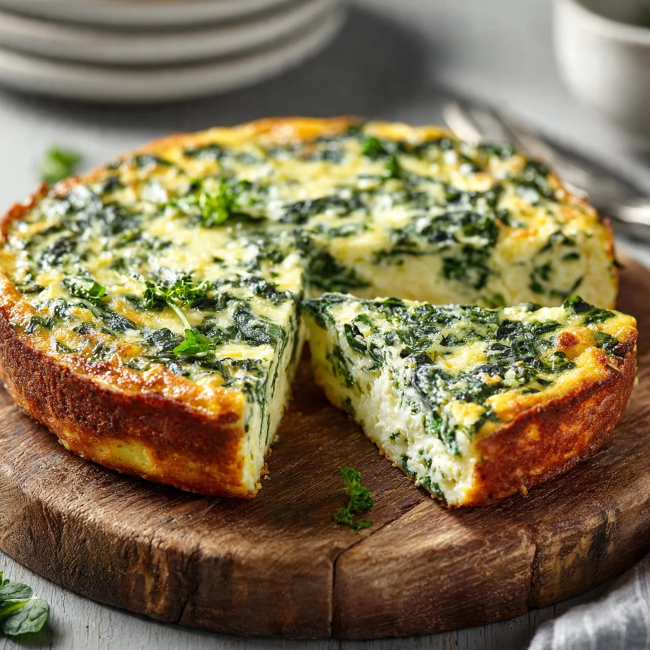 Cottage Cheese and Spinach Crustless Quiche served on a plate