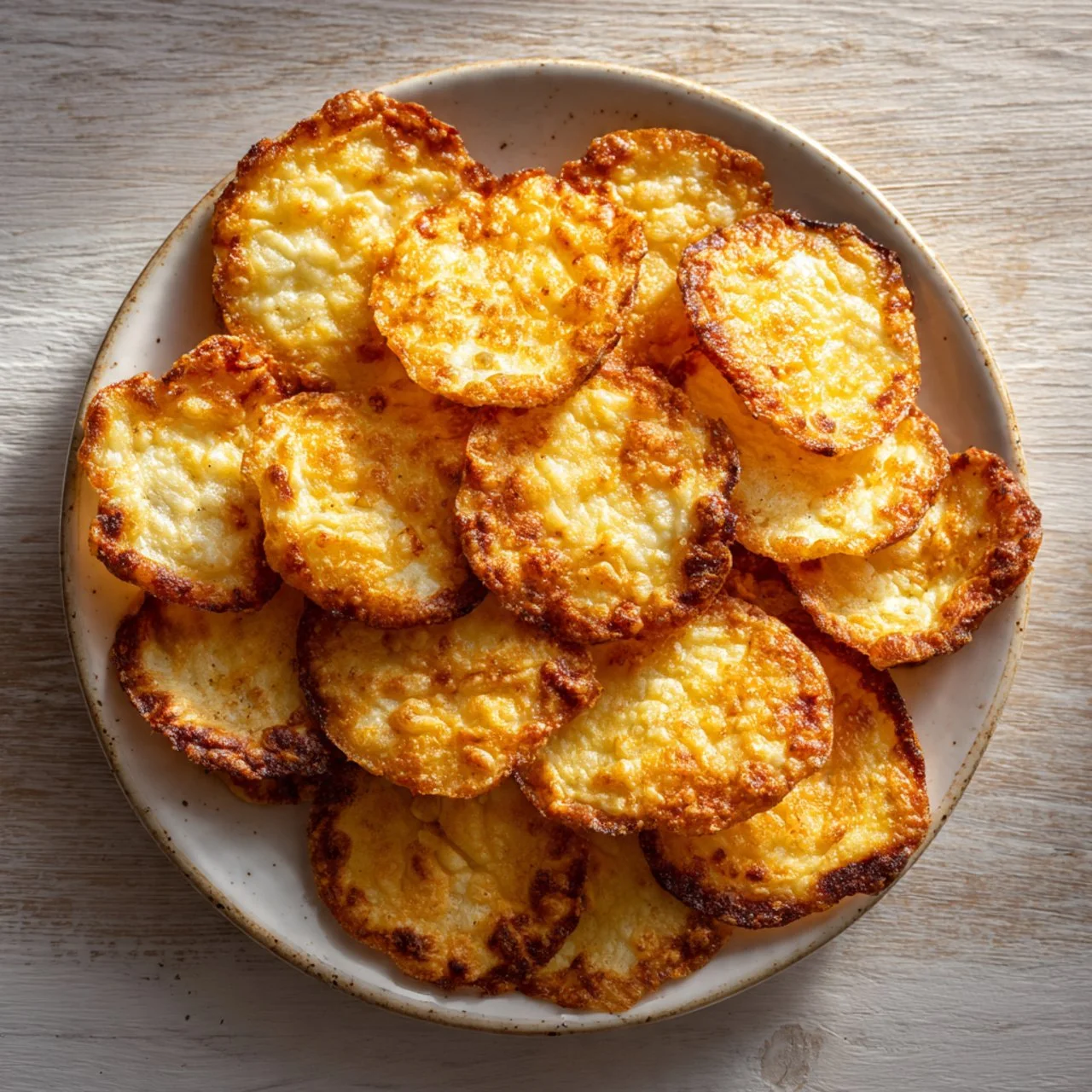 Homemade cottage cheese chips on a plate, crispy and flavorful.