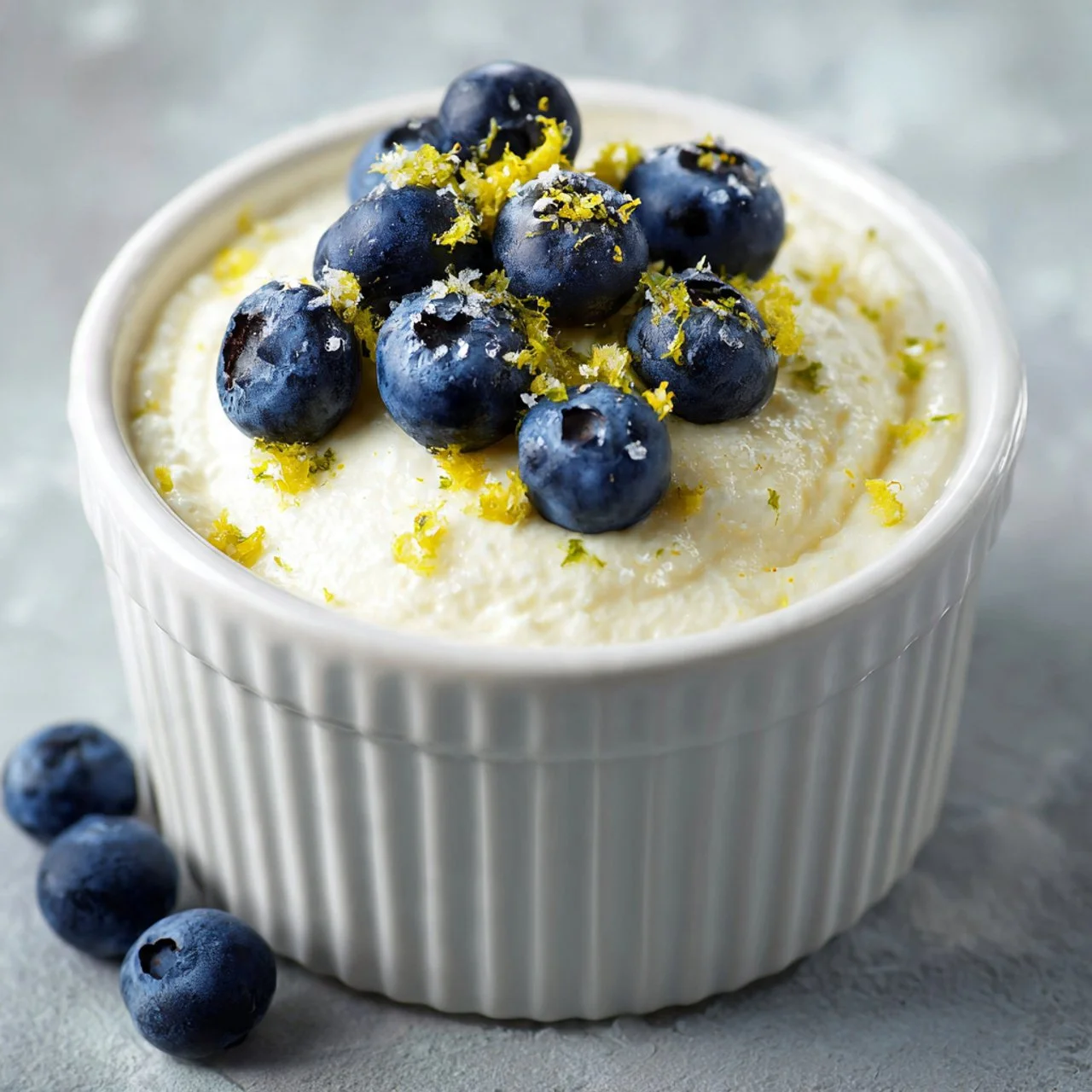 Delicious cottage cheese lemon mousse served in a bowl with a slice of lemon