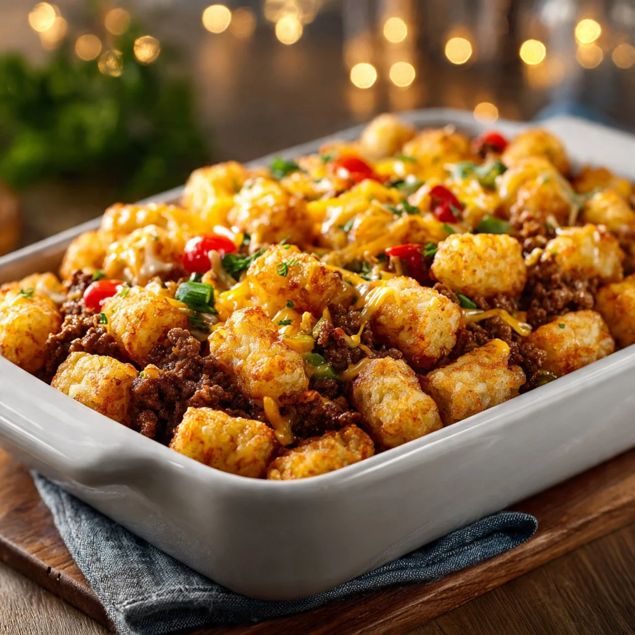 Delicious Cowboy Casserole topped with cheese and crispy bacon in a baking dish.