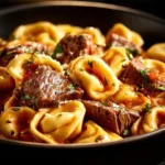 Delicious Garlic Steak Tortellini in Creamhouse Sauce Bliss on a plate.