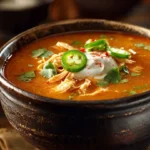 A bowl of creamy chicken enchilada soup topped with cheese and cilantro