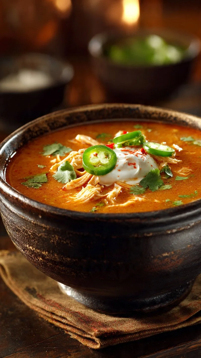 A bowl of creamy chicken enchilada soup topped with cheese and cilantro