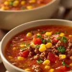 Creamy Cowboy Soup served in a rustic bowl with cornbread on the side.