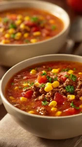 Creamy Cowboy Soup served in a rustic bowl with cornbread on the side.