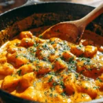 Creamy gnocchi served with delicious red sauce on a plate