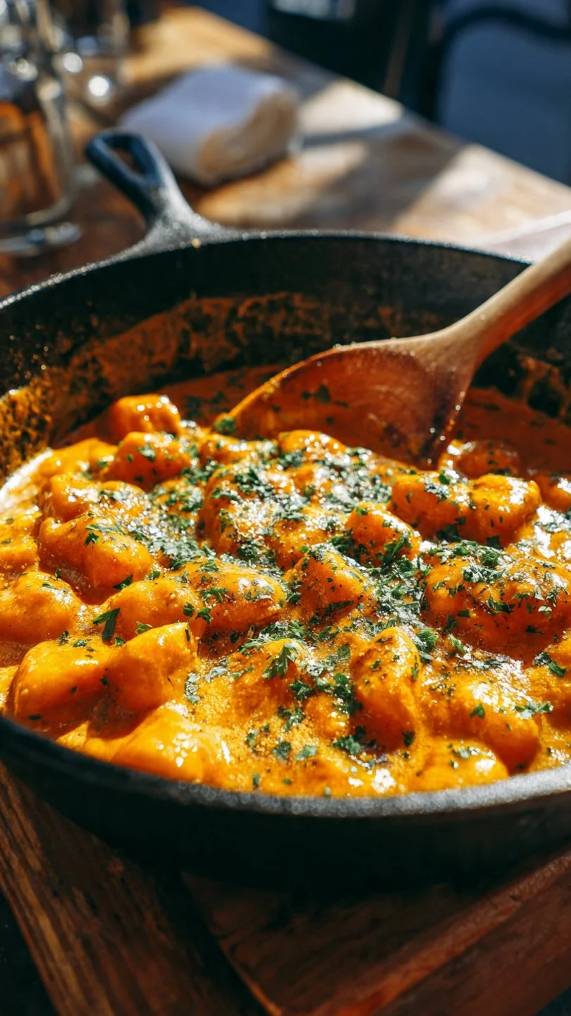 Creamy gnocchi served with delicious red sauce on a plate