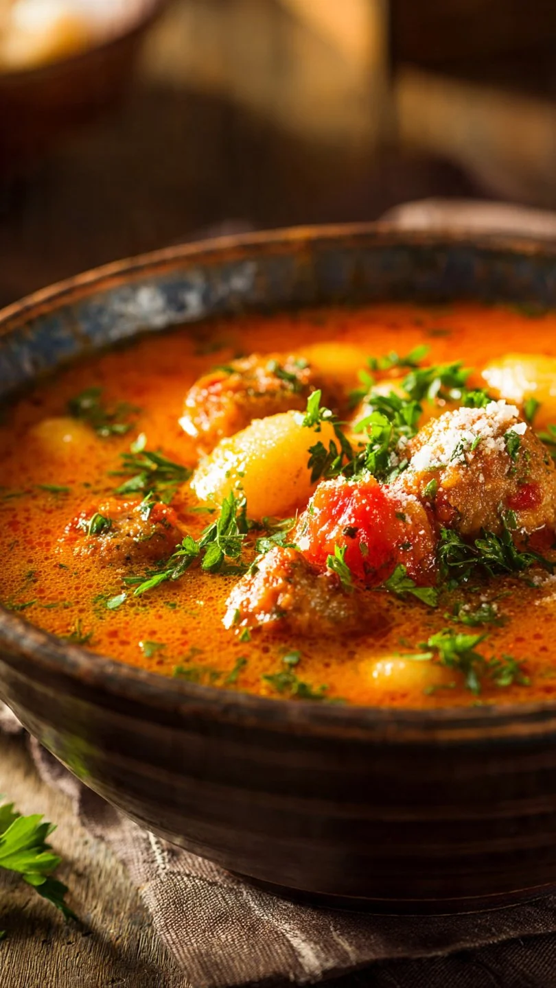 Creamy Italian sausage gnocchi soup in a bowl with herbs