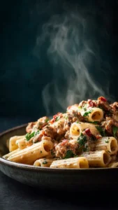 Creamy Italian sausage rigatoni served in a bowl with herbs on top