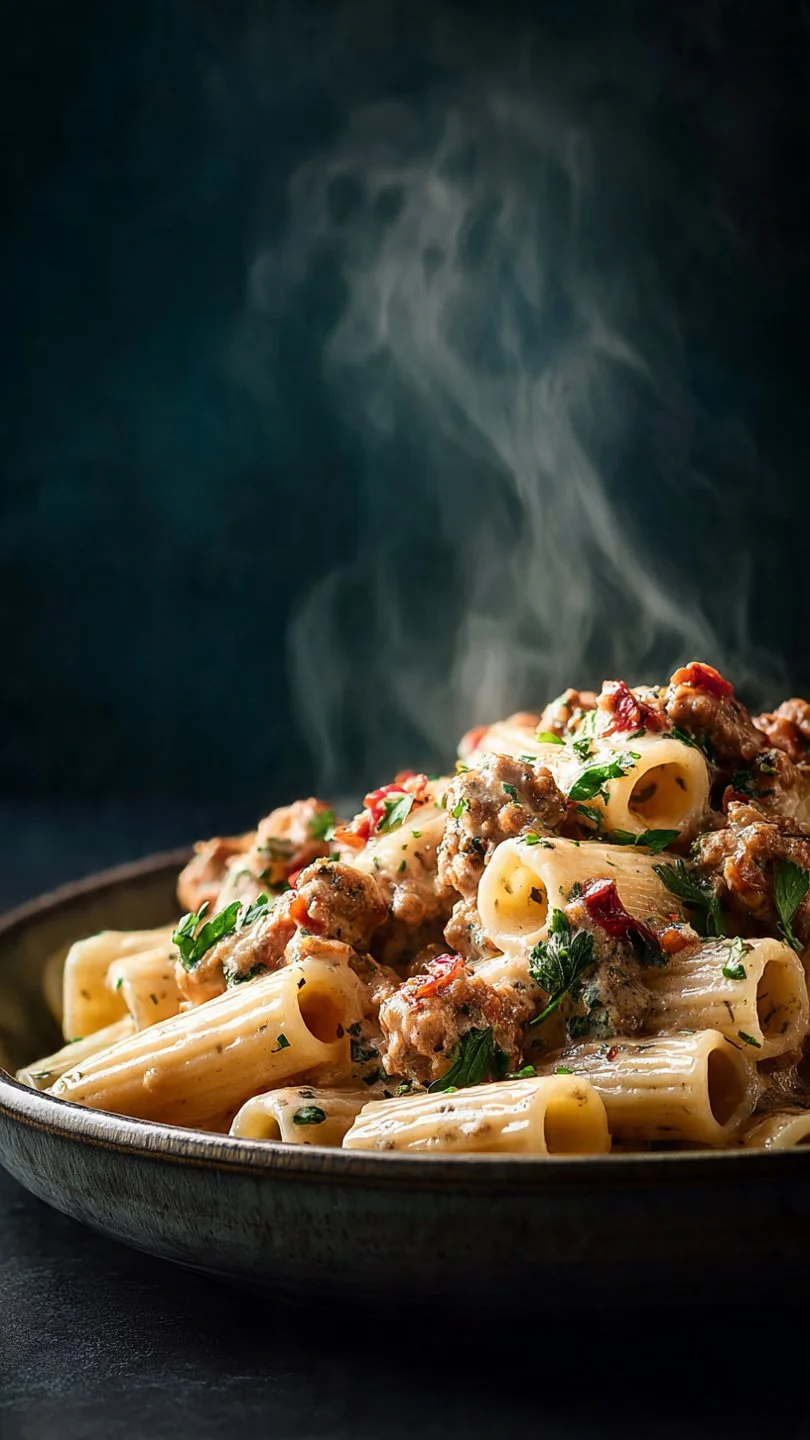 Creamy Italian sausage rigatoni served in a bowl with herbs on top