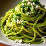 A plate of creamy Mexican green spaghetti (espagueti verde) garnished with fresh ingredients.