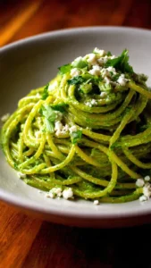 A plate of creamy Mexican green spaghetti (espagueti verde) garnished with fresh ingredients.