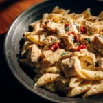 A delicious creamy ricotta chicken pasta dish topped with herbs and cheese