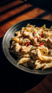 A delicious creamy ricotta chicken pasta dish topped with herbs and cheese