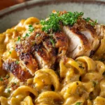 Creamy rotisserie chicken pasta served in a bowl with fresh herbs.