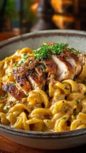 Creamy rotisserie chicken pasta served in a bowl with fresh herbs.
