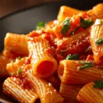 Creamy tomato garlic pasta dish garnished with fresh herbs