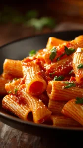 Creamy tomato garlic pasta dish garnished with fresh herbs