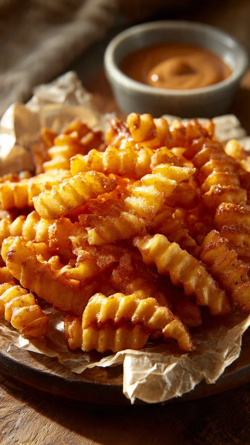 Plate of crispy crinkle cut fries served with dipping sauce