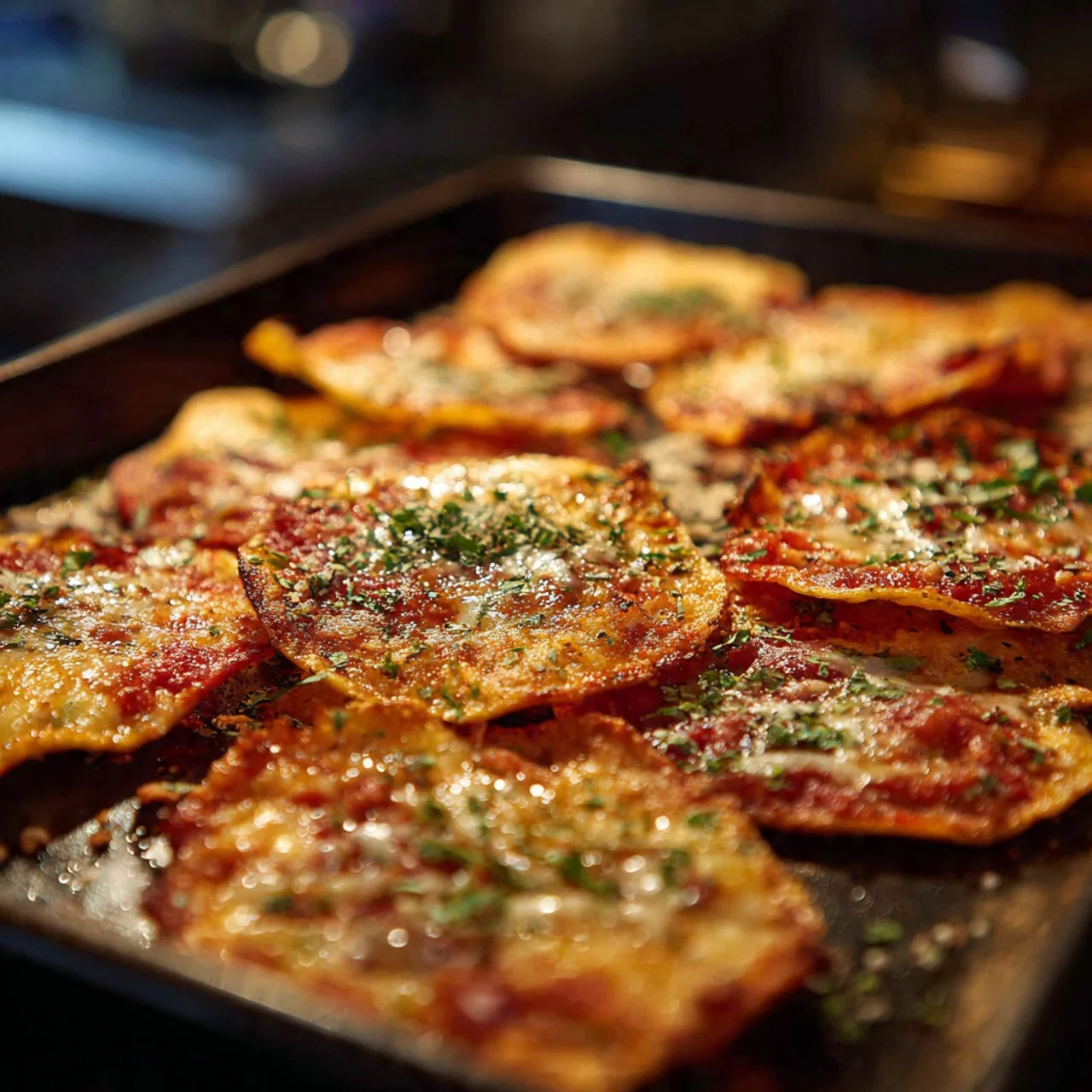 Bowl of crispy pizza chips, a delicious snack for pizza lovers