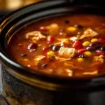 Delicious crockpot chicken tortilla soup garnished with tortilla strips