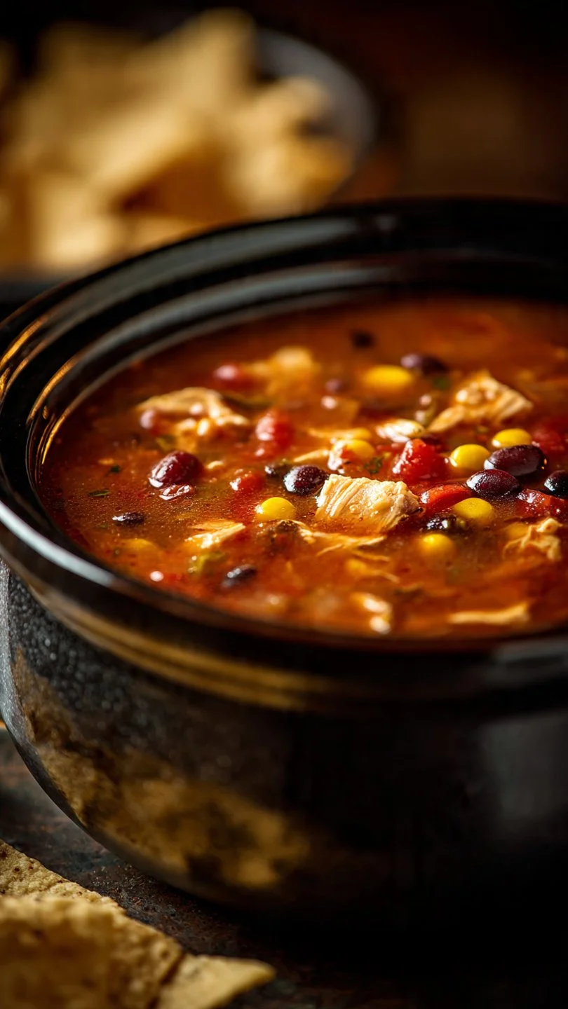 Delicious crockpot chicken tortilla soup garnished with tortilla strips