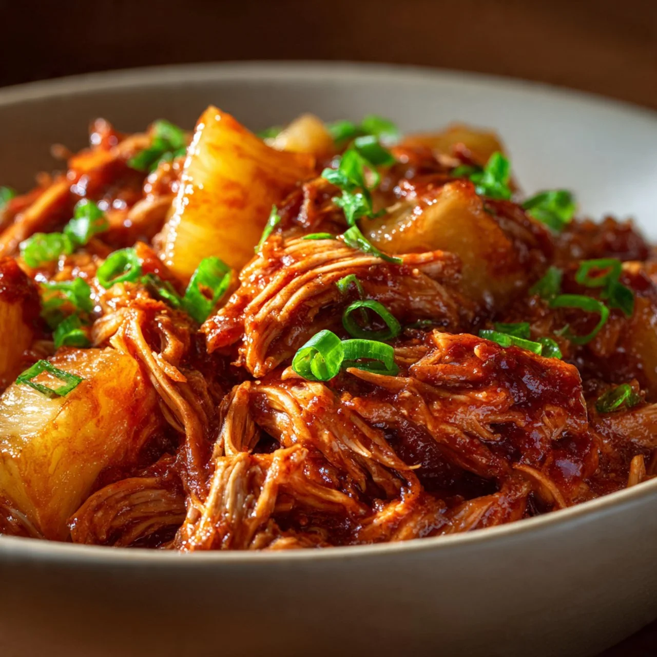 Crockpot Pineapple BBQ Chicken served on a plate with garnishes