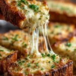 Easy Cheesy Garlic Bread with melted cheese and herbs on a wooden board