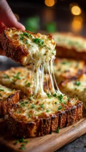 Easy Cheesy Garlic Bread with melted cheese and herbs on a wooden board