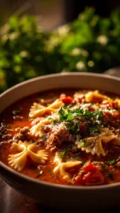 Bowl of easy lasagna soup topped with cheese and fresh herbs