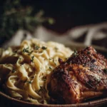 Easy One-Pan Chicken served with buttery noodles on a plate.