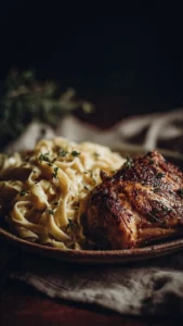 Easy One-Pan Chicken served with buttery noodles on a plate.