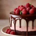 Fudgy dark chocolate raspberry cake with fresh raspberries on top