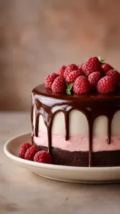 Fudgy dark chocolate raspberry cake with fresh raspberries on top