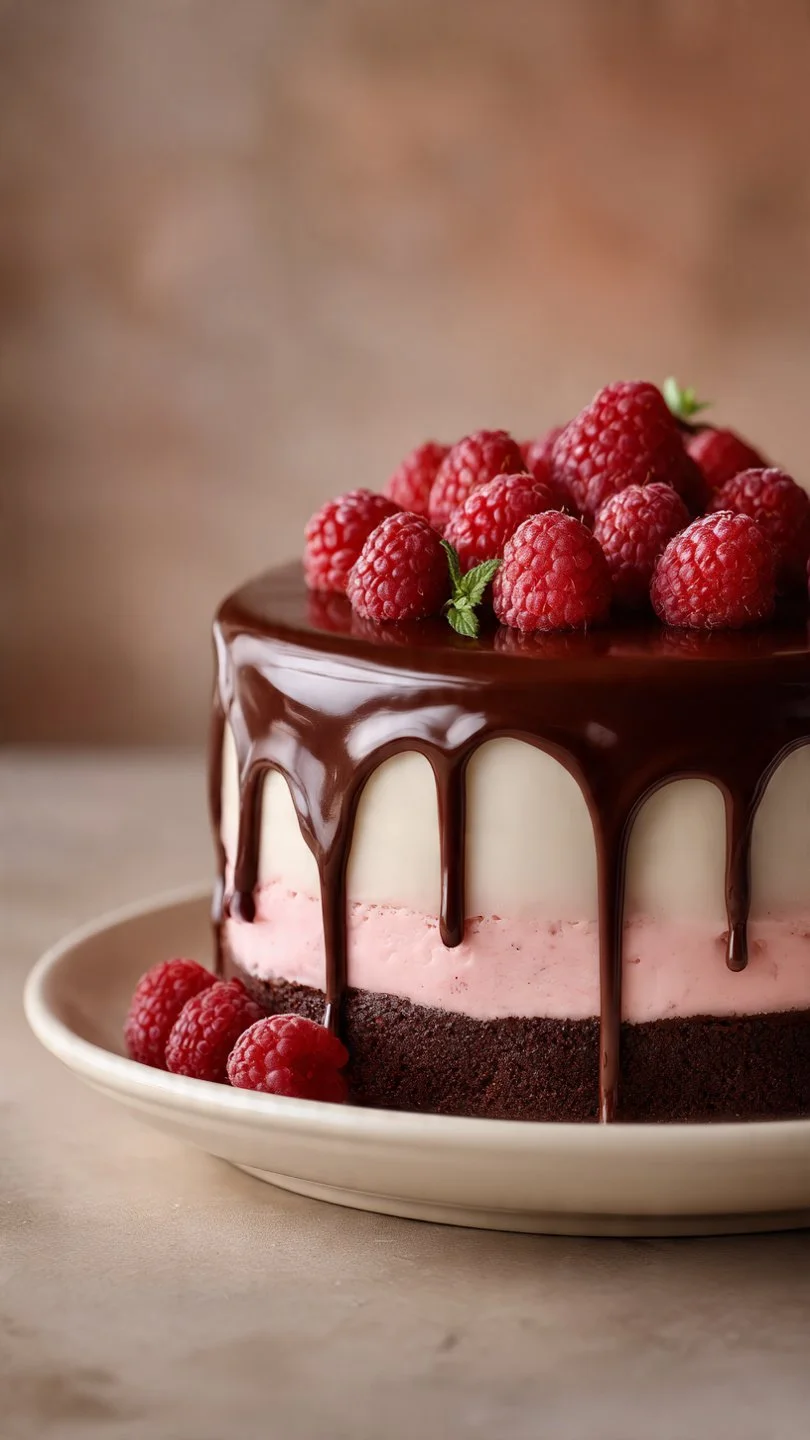 Fudgy dark chocolate raspberry cake with fresh raspberries on top
