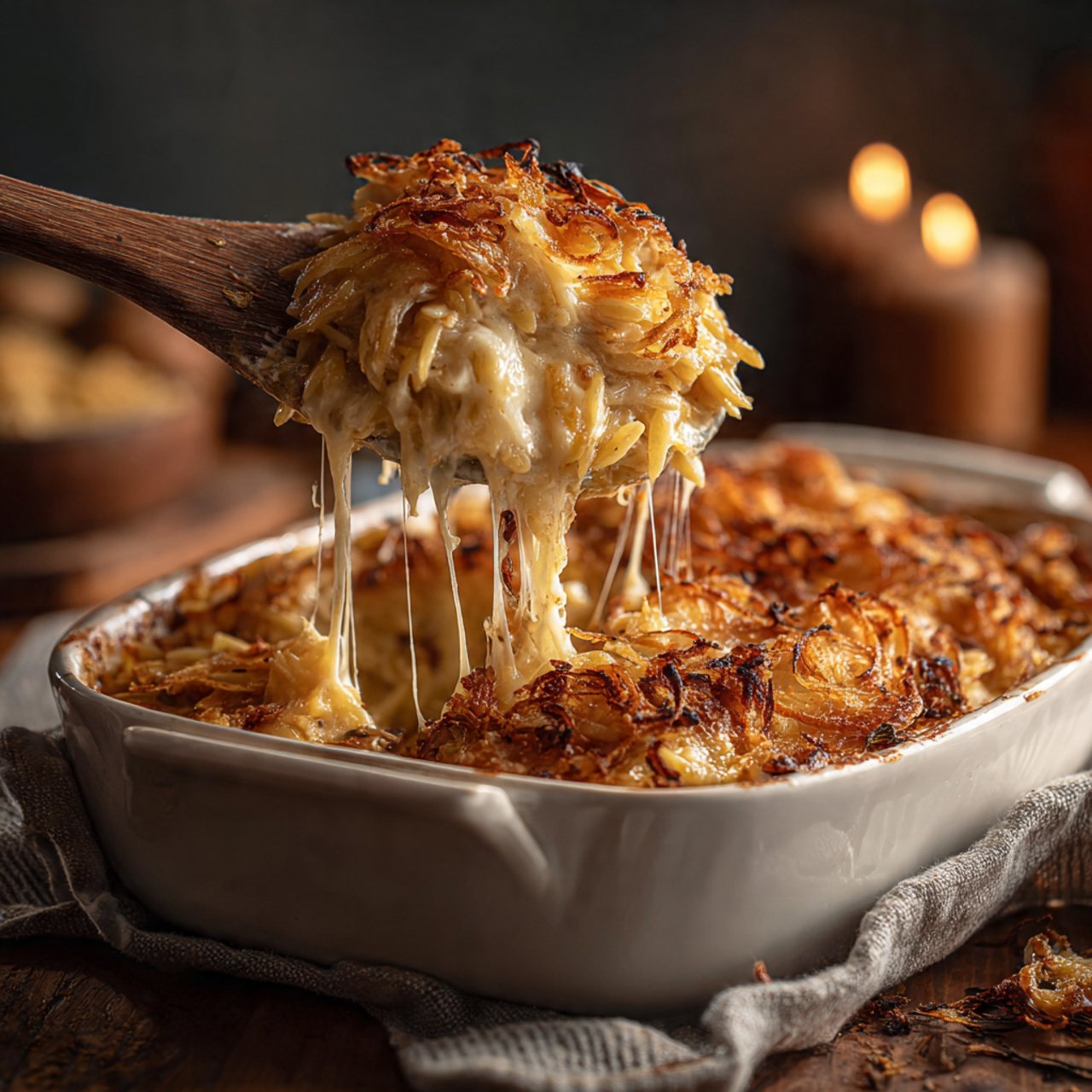 French Onion Chicken Orzo Casserole
