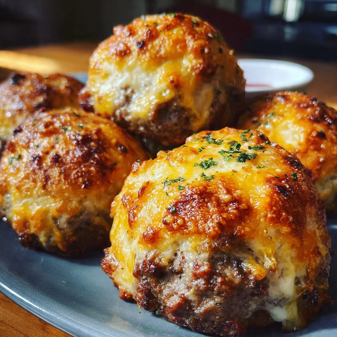 Delicious Garlic Parmesan Cheeseburger Bombs served on a platter