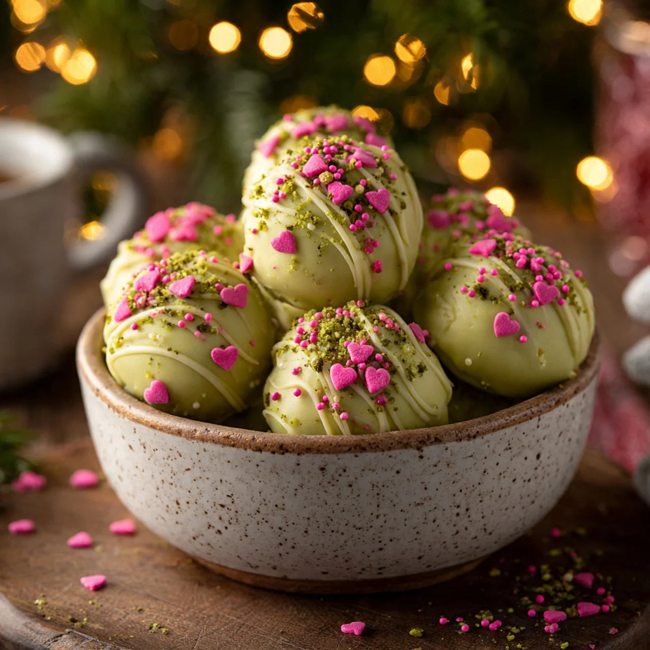 Festive Grinch Oreo Truffles decorated for the holidays