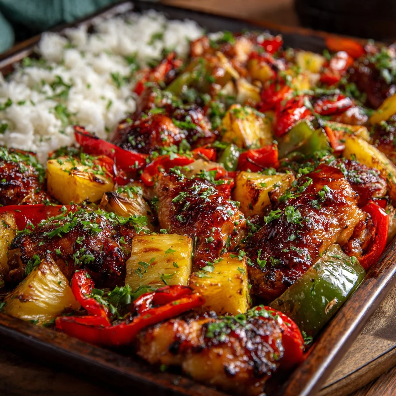 Hawaiian Chicken Sheet Pan with colorful vegetables ready to be served