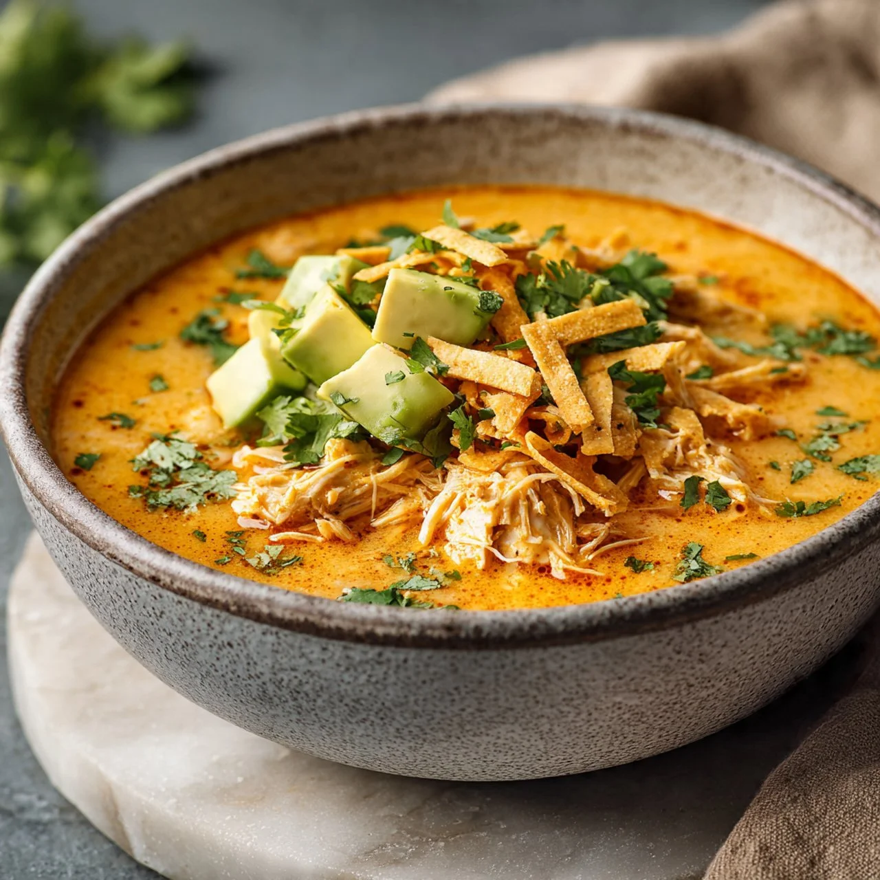 Bowl of Healthy High Protein White Chicken Chili topped with cilantro and lime.