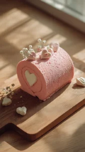 Heart-shaped Swiss roll dessert with cream filling and colorful decoration.