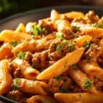 Creamy beef pasta dish served in a bowl with garnishes